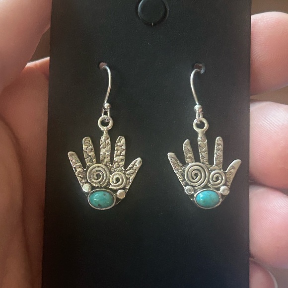 STERLING SILVER NATIVE INSPIRED TURQUOISE ANCESTOR HAND STORY TELLER EARRINGS - Picture 7 of 7